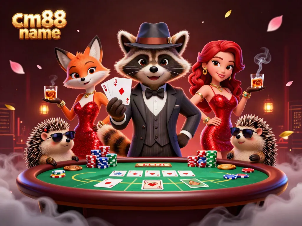 Experience thrilling gameplay at cm88 name featuring an engaging raccoon, fox, and hedgehog in a vibrant casino setting.