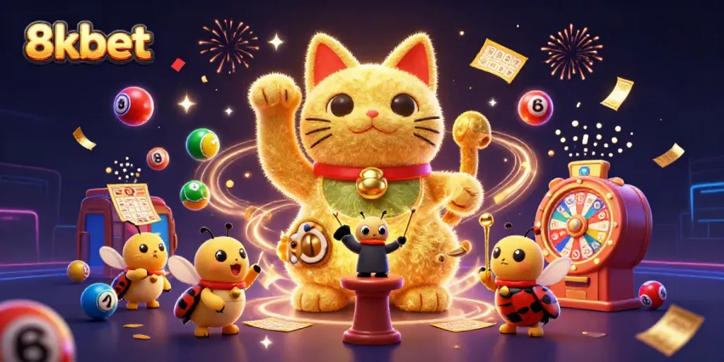 Experience the vibrant energy of 8kbet with a lucky cat made of golden fireflies, surrounded by colorful lottery elements.