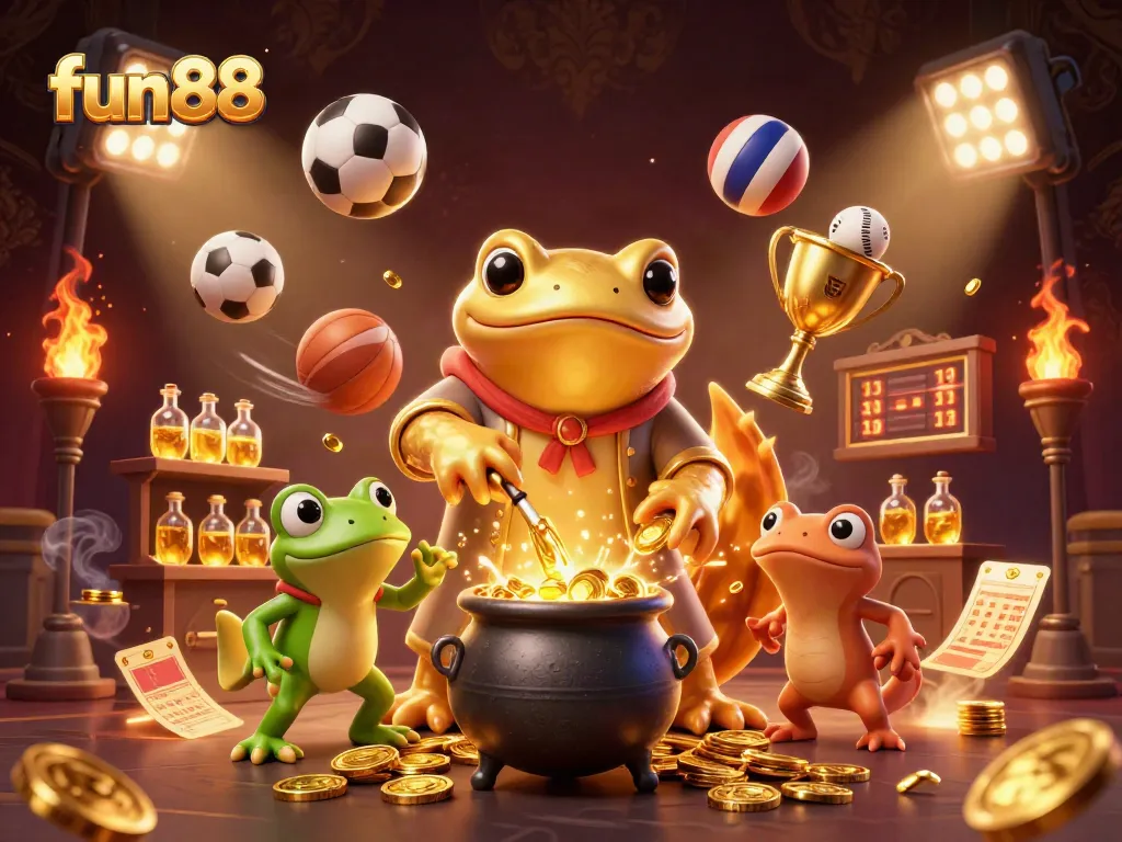 Experience fun88's dynamic sports betting scene with fantastical golden elements and engaging characters.