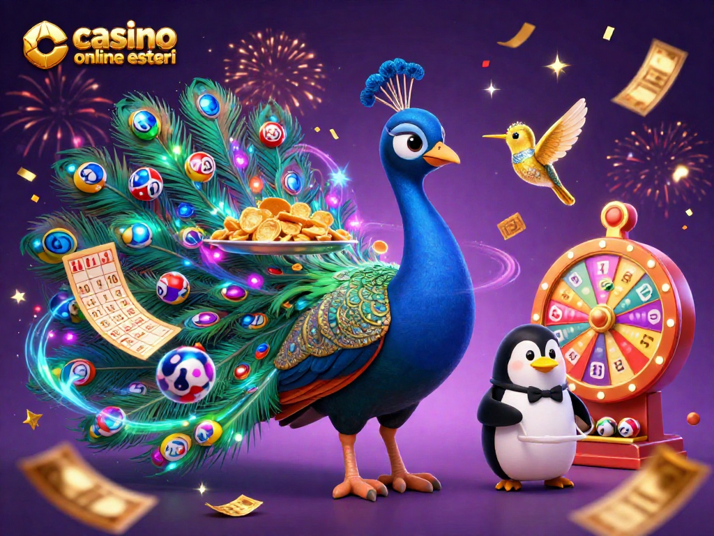 Gioca nel casino online esteri con un pavone aristocratico e un pinguino maggiordomo circondati da palline lotterie.